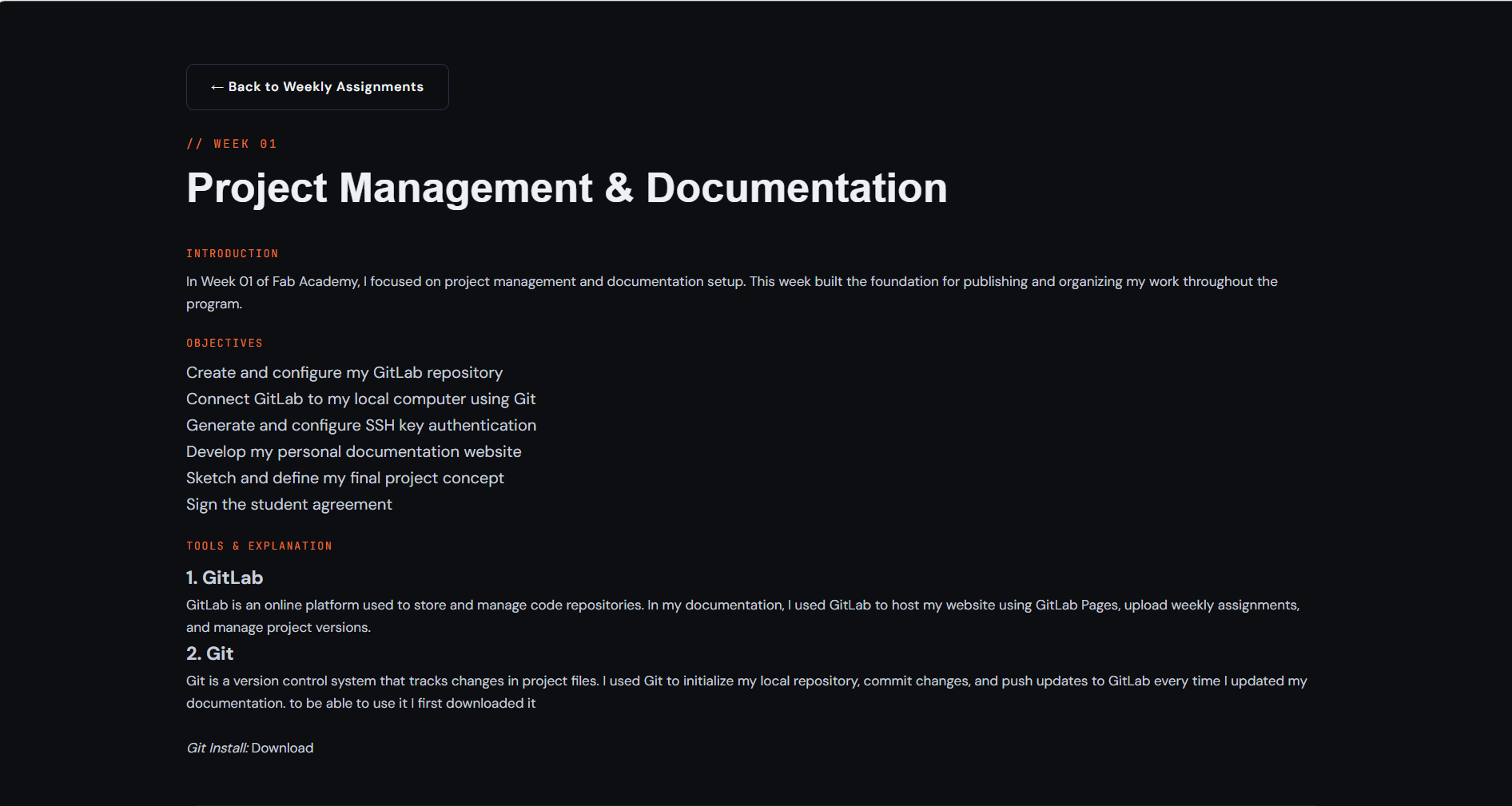 First version of my website with a single-column layout